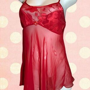 delicates Red Sheer Floral Mesh Babydoll Chemise